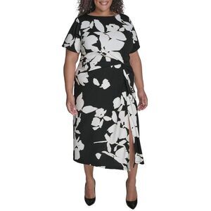 DKNY Womens Plus Size Side-Twist Short-Sleeve Midi Dress 20W Black/Ivory - NWT
